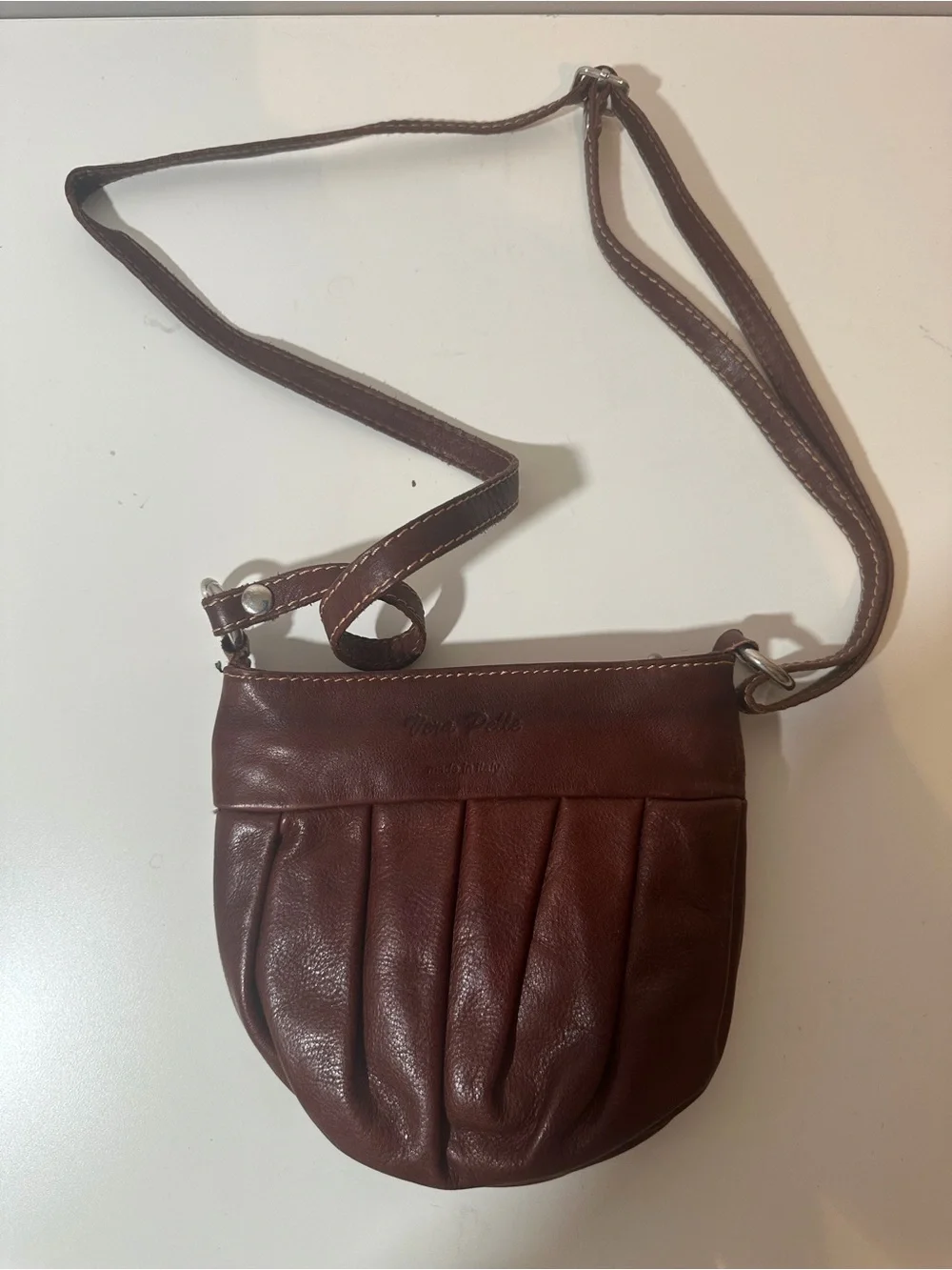 Vera Pelle Made In Italy Genuine Leather Brown Crossbody Bag Mini Pleated Purse